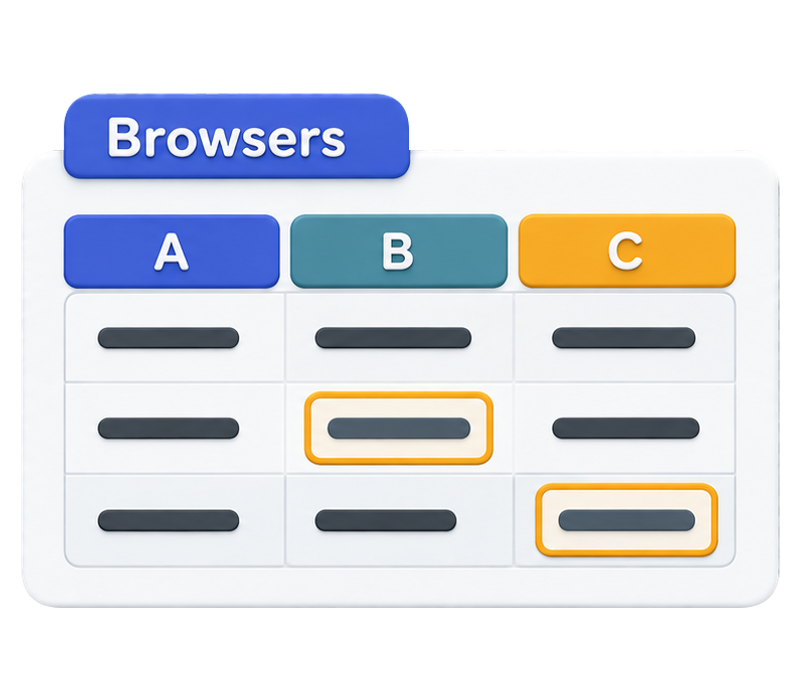 A comparison report with matching browser identifiers and amber markers for recorded differences.