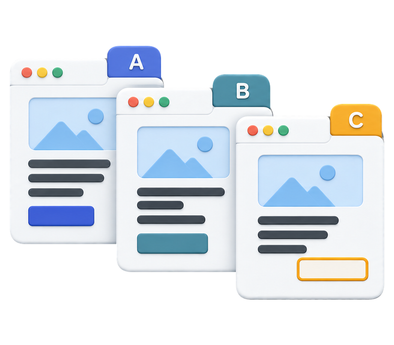 Three browser windows labeled A, B and C with visible text wrapping and button position differences.