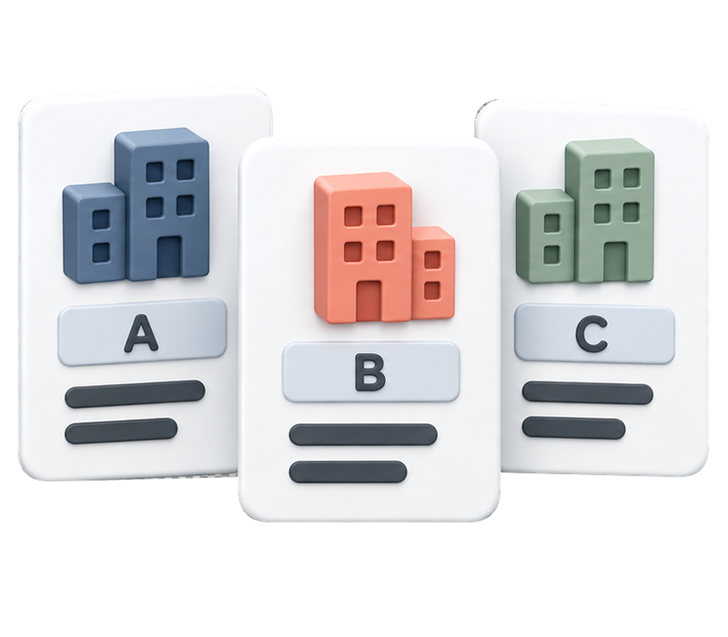 Three company profiles with navy, coral and sage buildings labeled A, B and C.