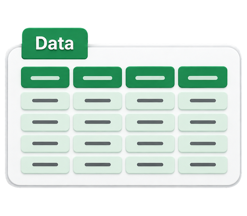 Green spreadsheet with the same four columns and table entries arranged in individual cells.