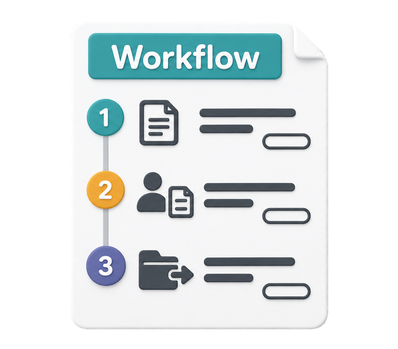 A workflow document ordering the same three tasks with numbered steps, responsibility fields and an internal handoff line.