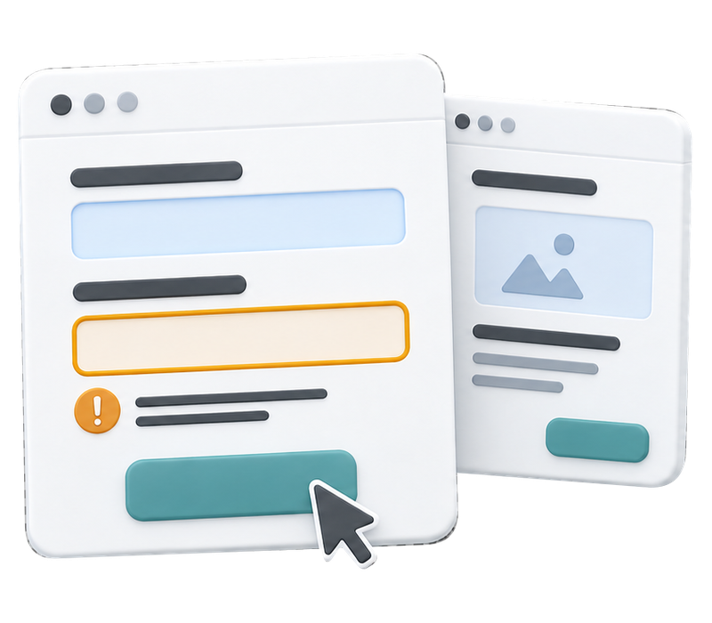Two browser panels showing form inputs, an amber validation message and a cursor on a teal button.