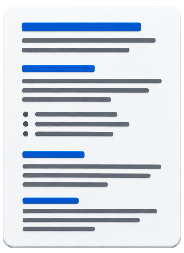 Document with consistent blue headings, aligned gray text and evenly indented bullets.