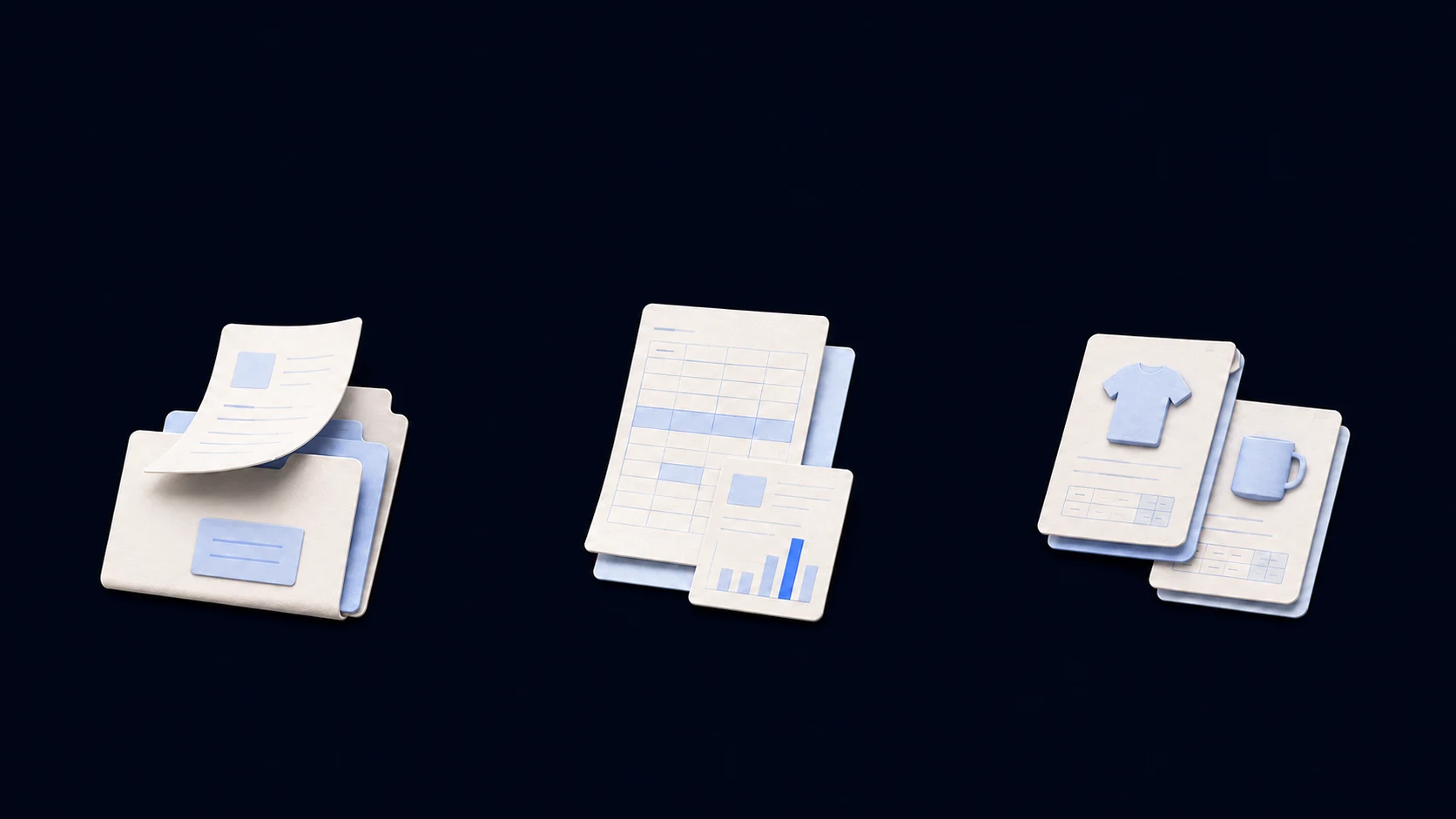 Three complete groups of softly layered folders and documents, spreadsheets and reports, and product information sheets.