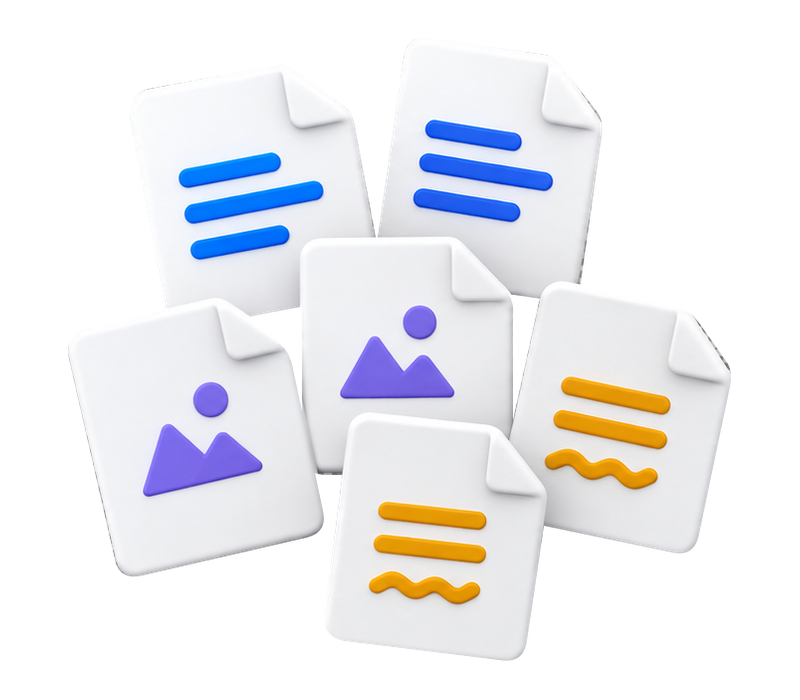 Six loose files: two blue documents, two violet images and two amber records.