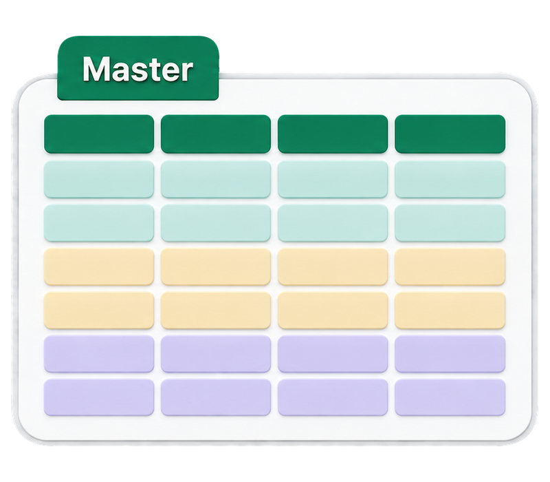 One master spreadsheet with a green header and teal, amber and violet rows brought together from the three source files.