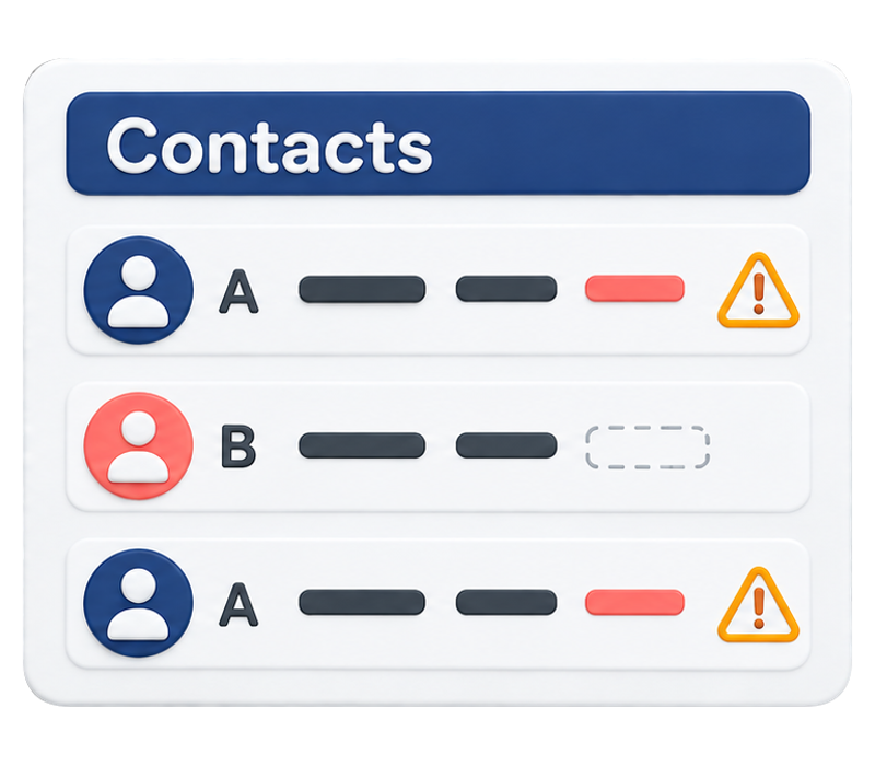 An organized contact sheet with aligned fields, a marker for a missing value and amber duplicate flags on both A records.