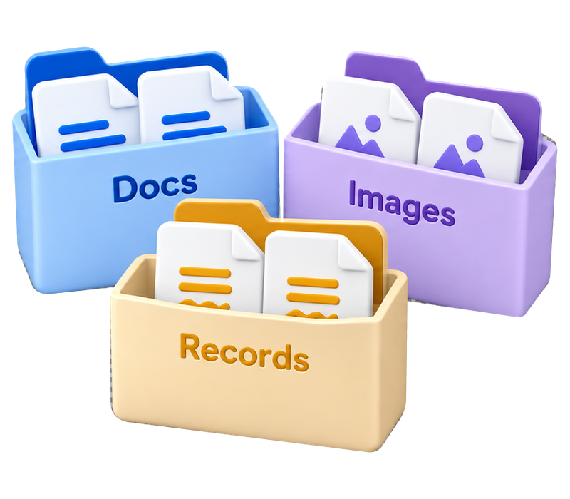 The same six files organized into blue Docs, violet Images and amber Records folders.