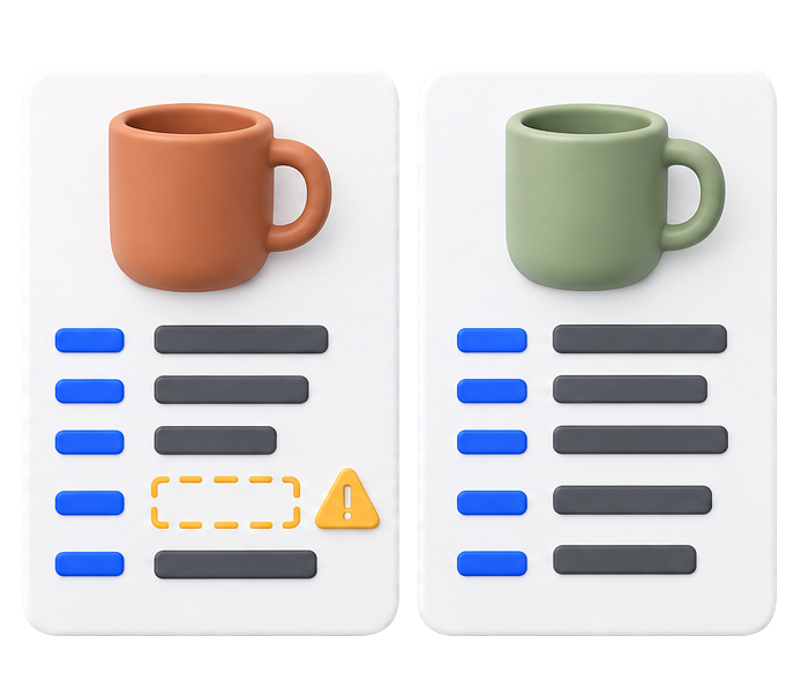 The same terracotta and sage mug records with aligned blue labels. The missing field remains flagged in amber.