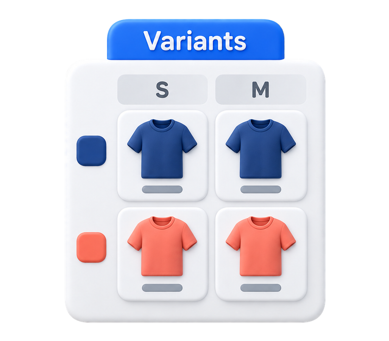 The same four T-shirt records organized into navy and coral rows and small and medium columns.