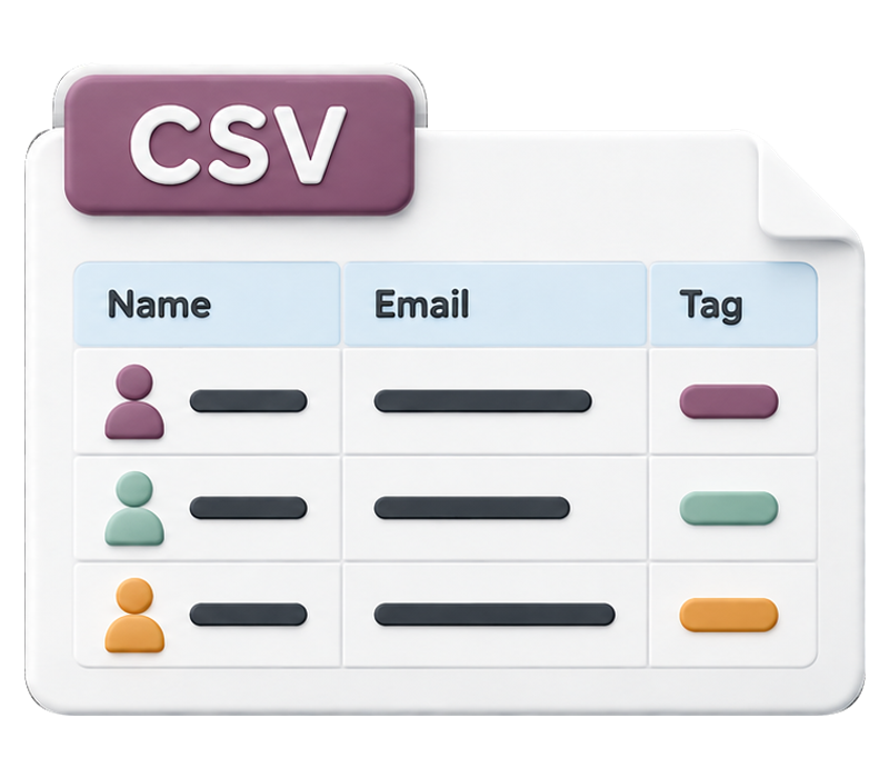 A CSV file with Name, Email and Tag columns carrying the same three colored contact records.