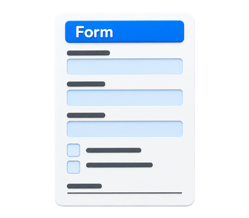 White business form with a blue heading, three blank fields, two empty checkboxes and a signature line.