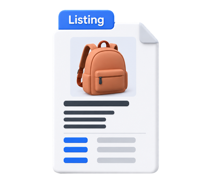A prepared product listing document combining the same backpack image, description and aligned specifications.