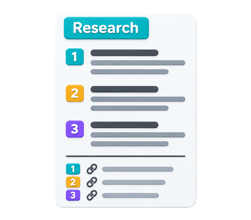 A white research report carrying the same numbered colors into findings and source references.