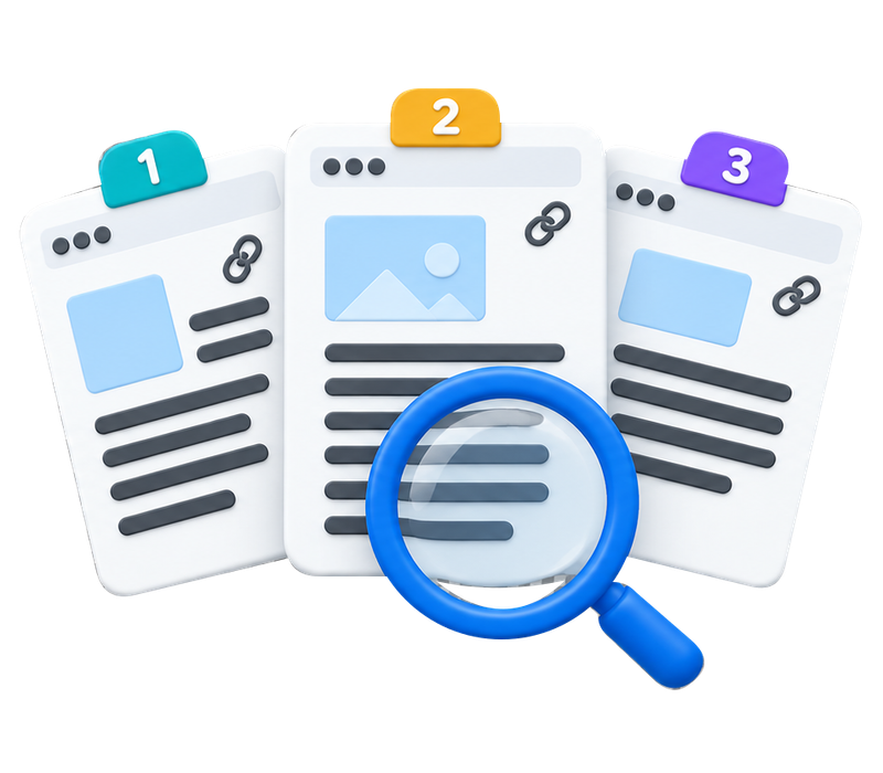 Three numbered source pages with teal, amber and violet tabs, readable article marks and a blue magnifying glass.