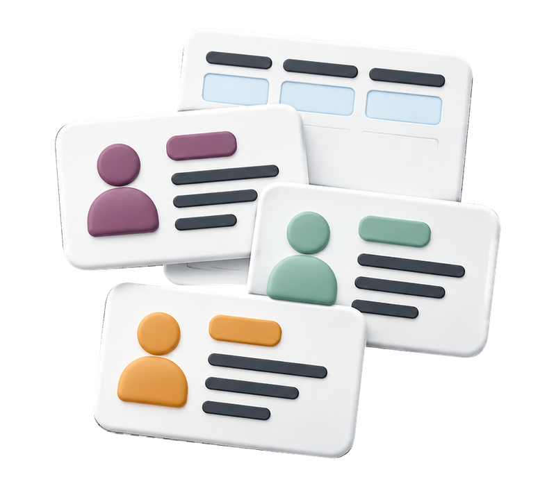 Three plum, mint and amber contact cards in front of a reference field template.