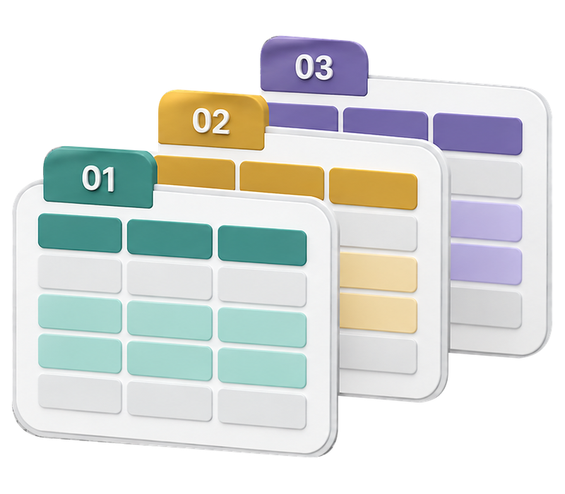 Three overlapping spreadsheets with teal, amber and violet tabs numbered 01, 02 and 03.