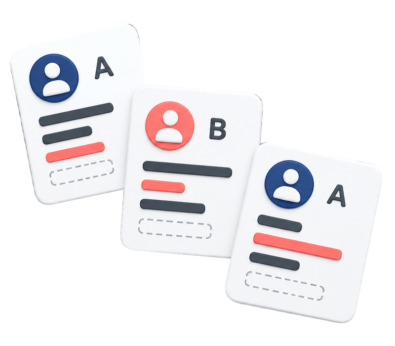 Three uneven contact records labeled A, B and A, with navy and coral avatars and inconsistent field marks.