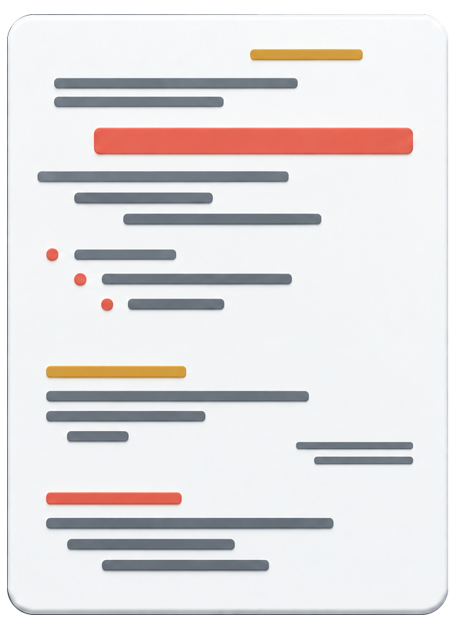 Document with mixed red and amber headings, uneven spacing and misaligned text and bullets.