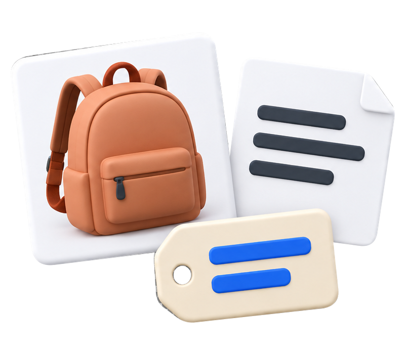 Separate backpack image, description note and specification tag.