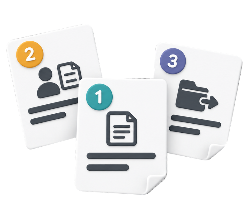 Three process notes in the order two, one and three, showing review, document receipt and a folder handoff.