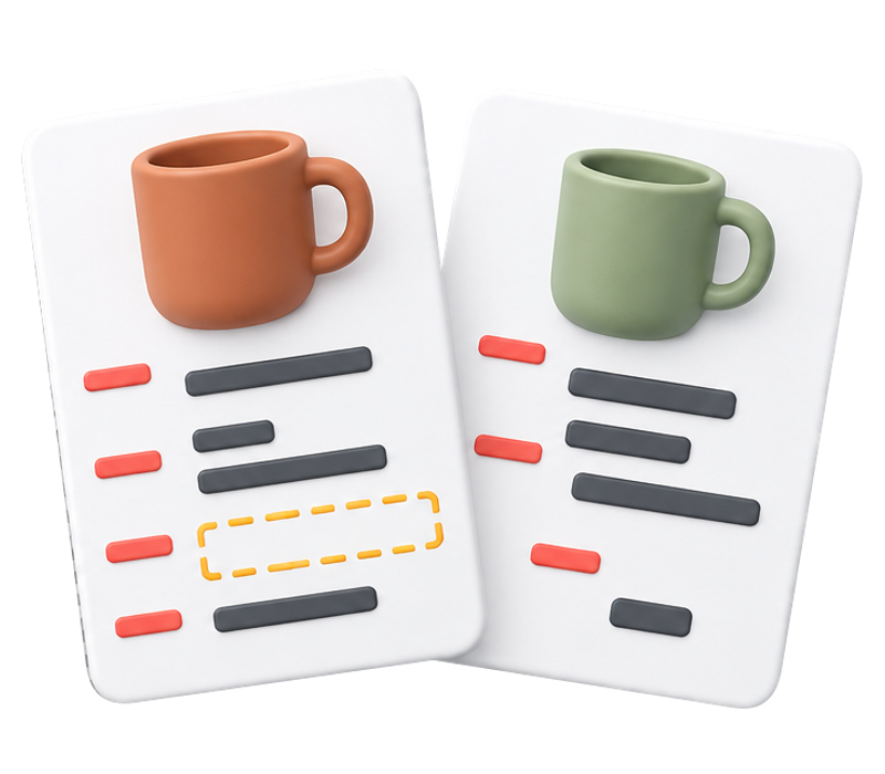 Two mug product records with misaligned coral labels, uneven details and an empty field.