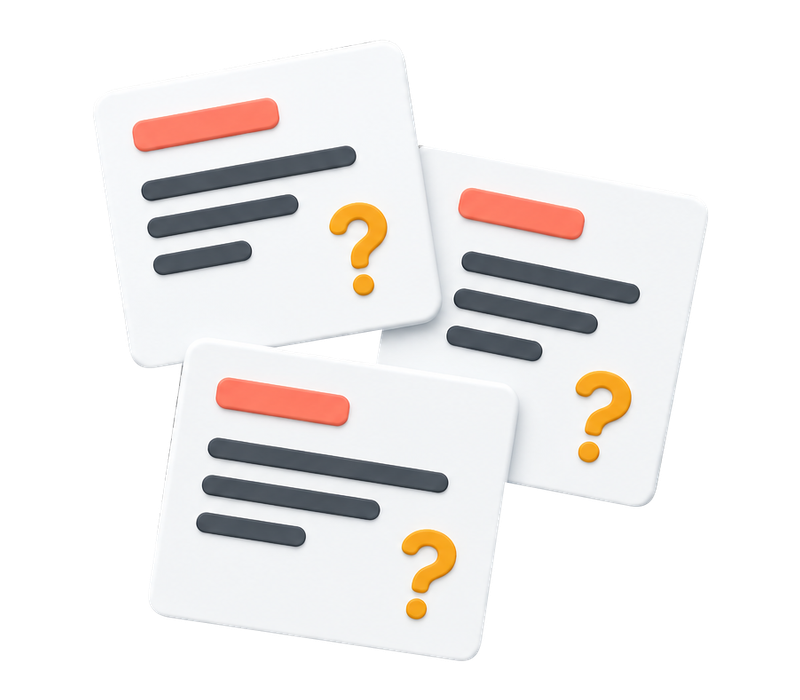Three overlapping notes with coral headings, gray text and amber question marks.