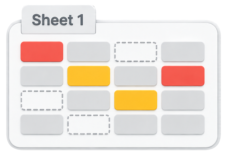 Spreadsheet with inconsistent red, yellow and gray cells and gaps.