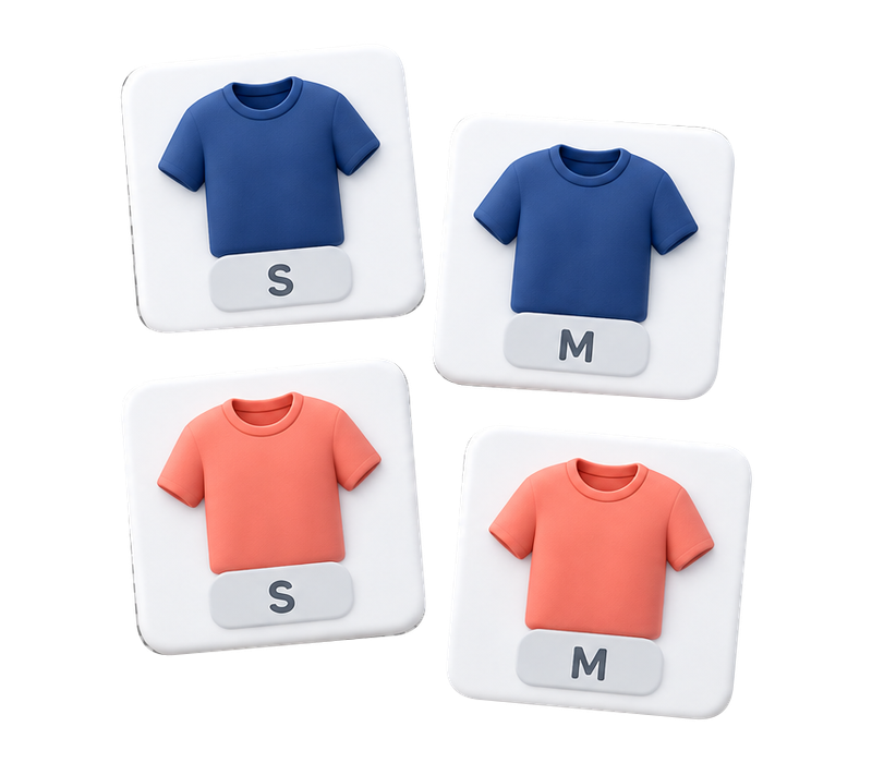 Four separate T-shirt records: navy small, navy medium, coral small and coral medium.