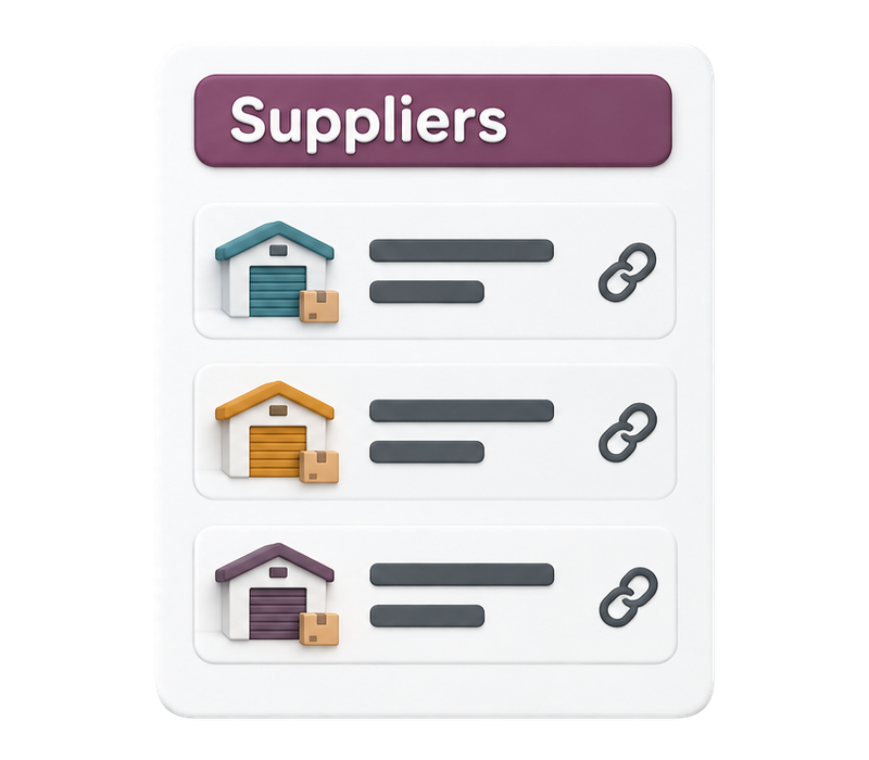 A supplier list with the same three warehouse colors and a source reference for each record.