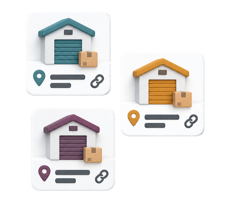 Three supplier records with teal, amber and plum warehouses, location pins and source links.